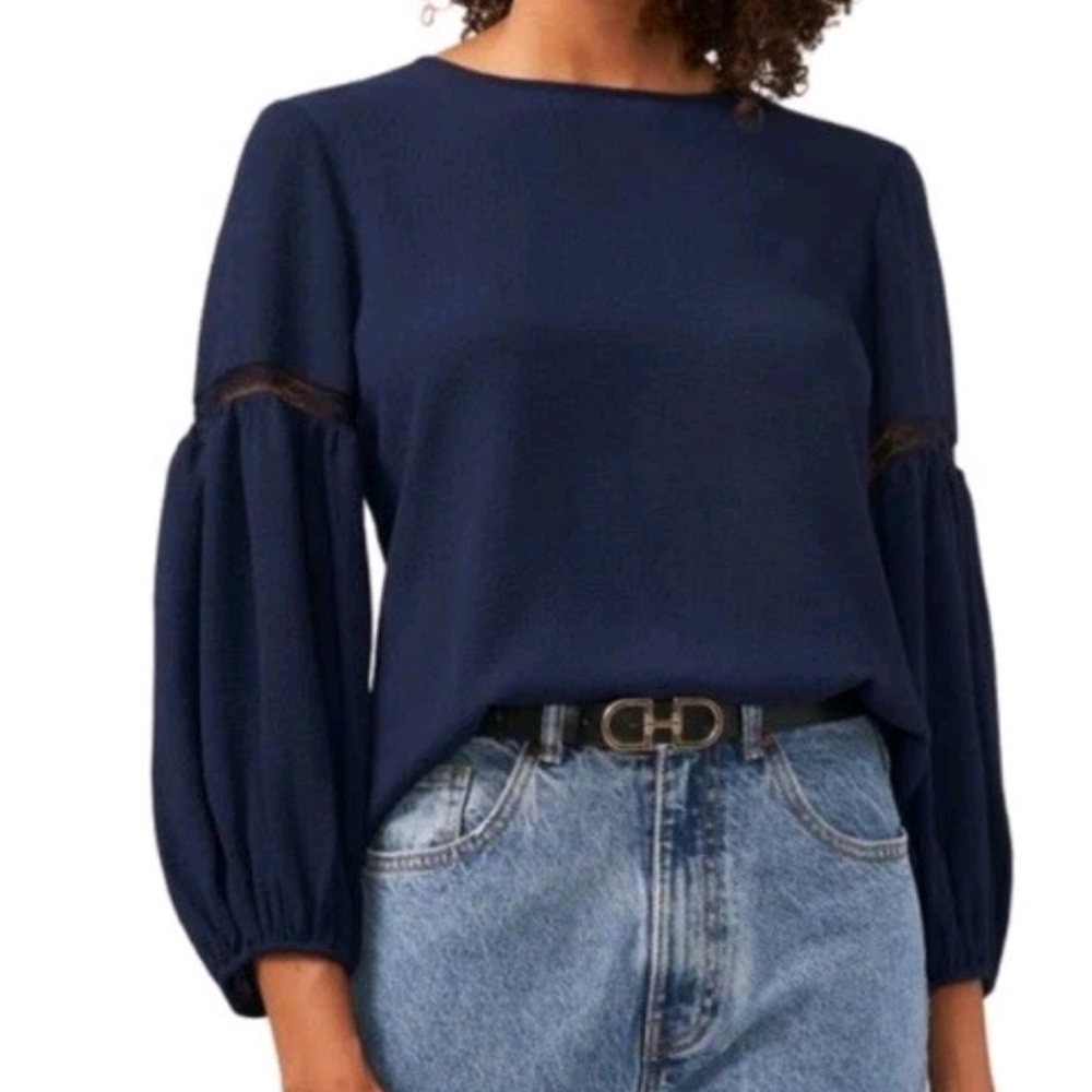Vince Camuto Navy Blue Garden Romance Blouse Size L EUC